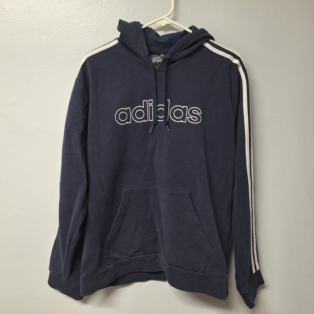 Adidas Navy Blue Hoodie Sweatshirt Classic Logo 3‎ Stripe Sleeve Size M
